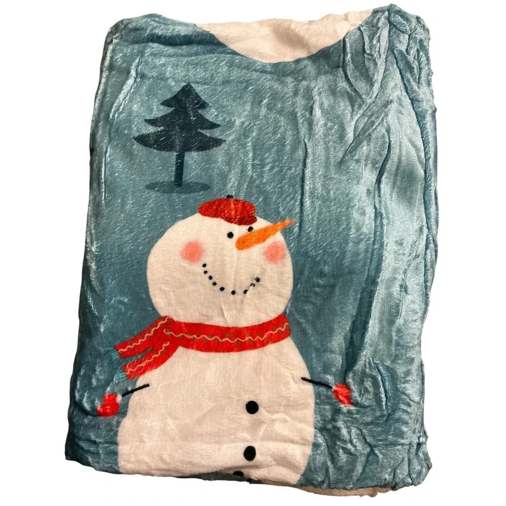 Cozy Plush Snowman Christmas Blanket Throw 50x60 Teal Blue